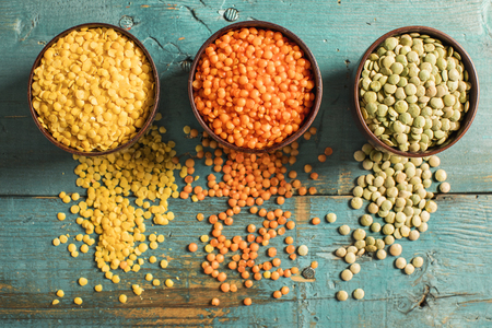 Red yellow green lentils high angle viewの写真素材