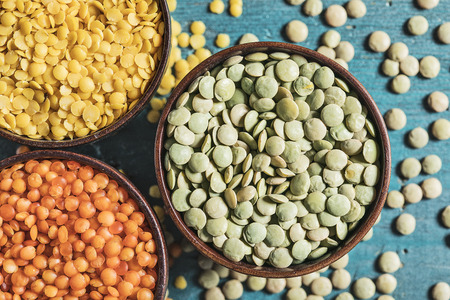 Red yellow green lentils high angle viewの写真素材