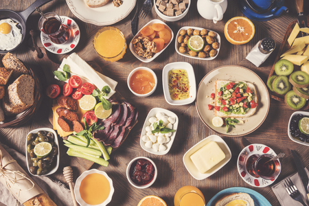 Delicious traditional turkish breakfast on tableの写真素材