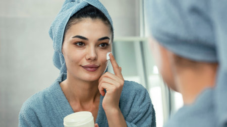 Reflection in a mirror beautiful woman making cosmetic skin careの写真素材