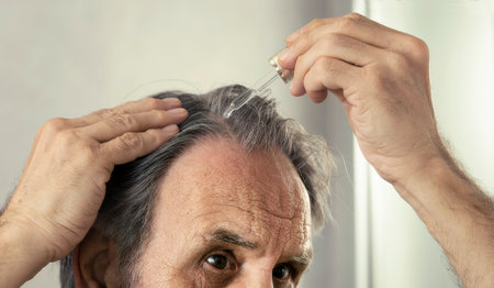 Old man dropping serum onto his hair