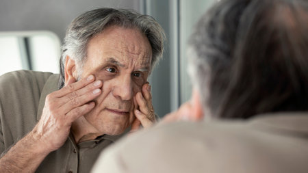 Old man examines his own eye and wrinkled in the mirrorの写真素材