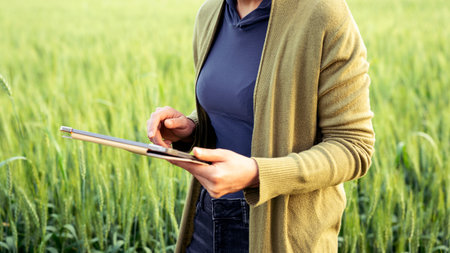Woman farmer at wheat fieldの写真素材