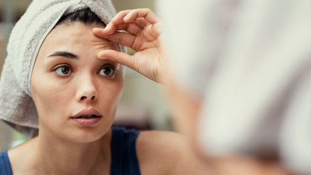 Daily facial care in the mirrorの写真素材