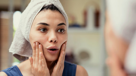 Daily facial care in the mirrorの写真素材