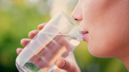 Young woman drinking glass of waterの写真素材