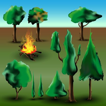 Tree and bush set with fireのイラスト素材