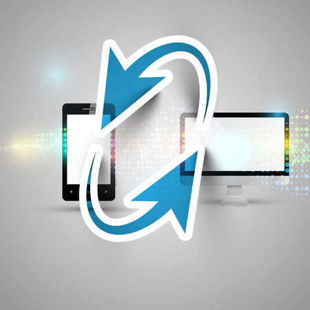 Mobile phone and computer communicating on abstract backgroundのイラスト素材