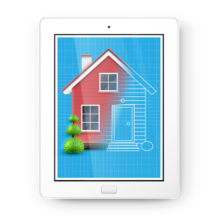 Realistic house with blue print on the tablet, vectorのイラスト素材