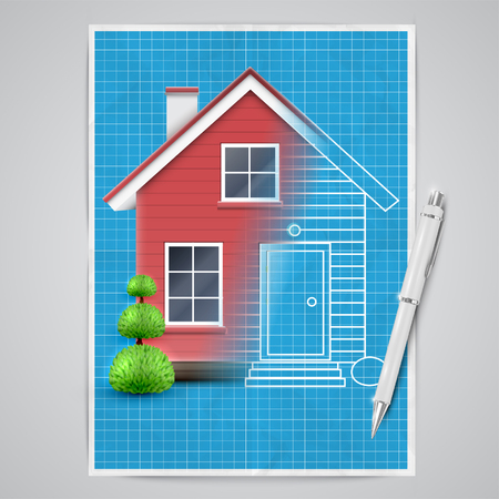 Realistic house with a blueprint and a pen, vectorのイラスト素材