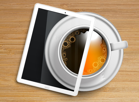 Wooden background with tea / coffee and a tablet, vectorのイラスト素材