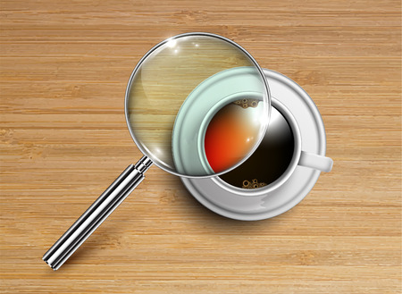 Wooden background with tea / coffee and a magnifier, vectorのイラスト素材