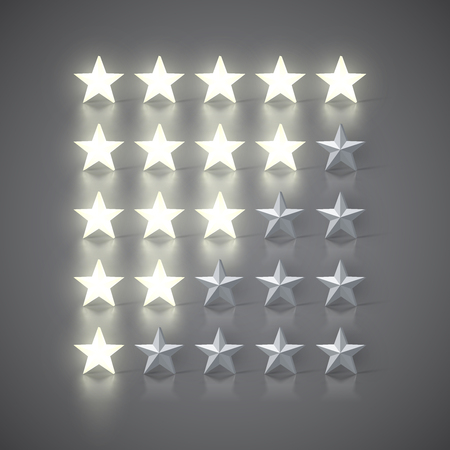 Star-rating set with 3D glowing stars and grey ones, vector illustrationのイラスト素材