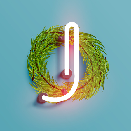 Neon font from a fontset with Christmas decoration pine, vector illustrationのイラスト素材
