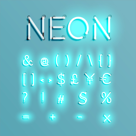 Realistic neon character font set, vector illustrationのイラスト素材