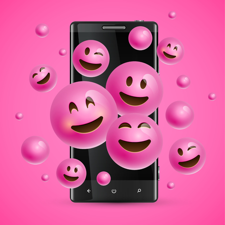 3D and different kinds of emoticons with matte smartphone, vector illustartionのイラスト素材