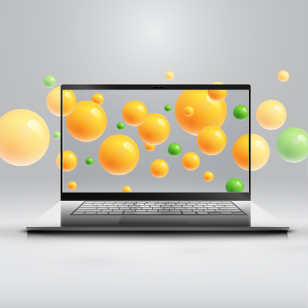 Laptop's enhanced saturation presentation by colorful spheres behind, vector illustrationのイラスト素材