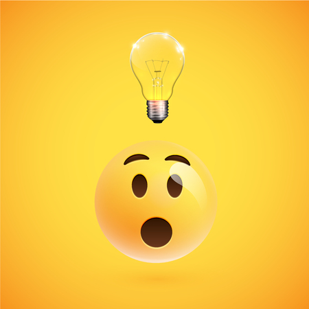 Wondering smiley with a lightbulb shows an idea, vector illustrationのイラスト素材