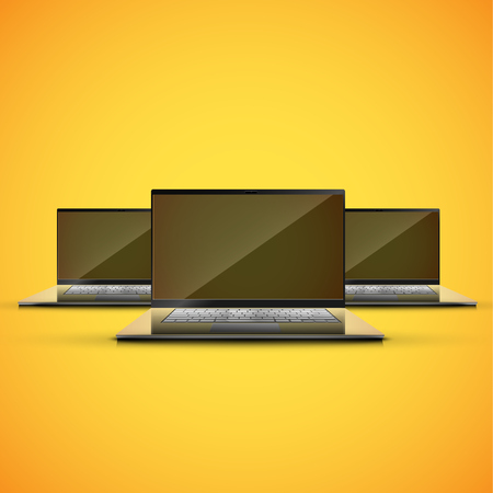 Realistic laptop on a yellow bacground, vector illustrationのイラスト素材