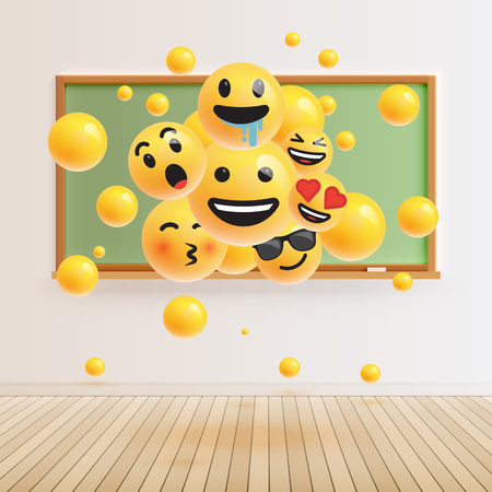 Different realistic smileys in front of a green blackboard, vector illustrationのイラスト素材