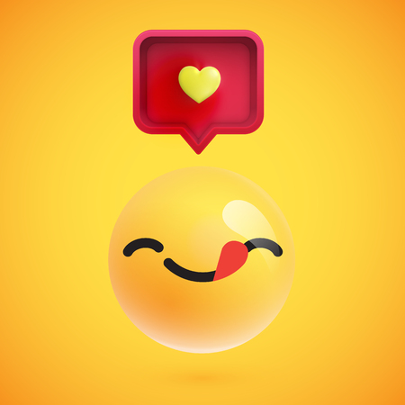 Cute high-detailed yellow emoticon with speech bubble and heart for web, vector illustrationのイラスト素材