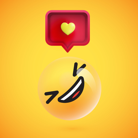 Cute high-detailed yellow emoticon with speech bubble and heart for web, vector illustrationのイラスト素材
