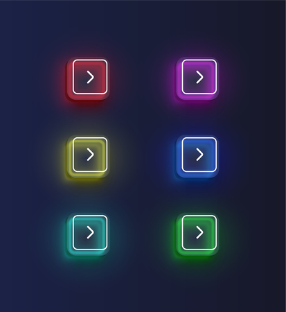 Colorful neon 'next' button set with an arrow for websites or online usage, vector illustration