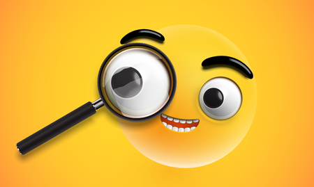 Yellow high detailed emoticon with a realistic magnifyer, vector illustrationのイラスト素材