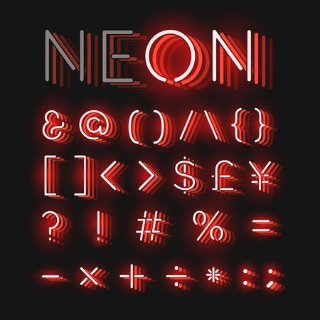 Red neon character font set on black background with reflections, vector illustrationのイラスト素材