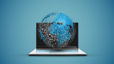 Realistic laptop with 3D world map with blue background, vector illustrationのイラスト素材
