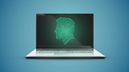 Realistic laptop with green electric circuit map head onscreen, vector illustrationのイラスト素材