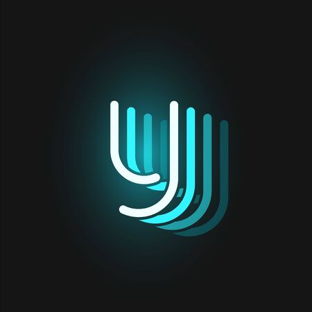 Blue neon character font on black background with reflections, vector illustrationのイラスト素材