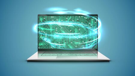 Realistic laptop with green electric circuit map onscreen, vector illustrationのイラスト素材