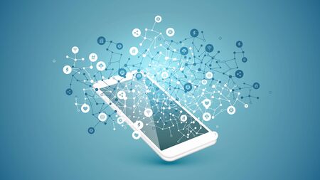 High detailed smartphone with white connection dots, lines, and icons, vector illustrationのイラスト素材