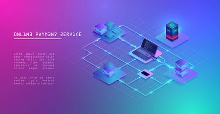 Online payment service illustration with servers, laptop and mobile phone, vector illustrationのイラスト素材