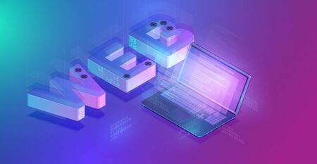 Notebook with huge 3D WEB text with grids and lines, isometric vector illustration