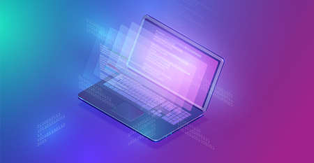 High-detailed notebook with data projected, isometric vector illustrationのイラスト素材