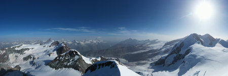 Alpine panorama from above on Monte Rosa - Pollux and Breithorn peaks.