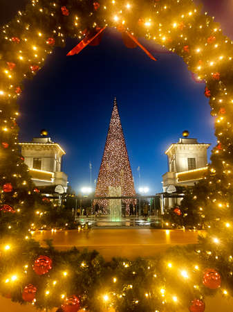 Illuminated Christmas tree in the background of blue sky at sunset and decoration frame with Christmas lights and bowsの写真素材