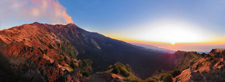 Panoramic Etna at dawn with suggestive colors and views of the crater and Valle del Bove with the...