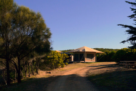 A warm sunrise wakes glamour-campers along the Great Ocean Road. Victoria Australia 2015の写真素材