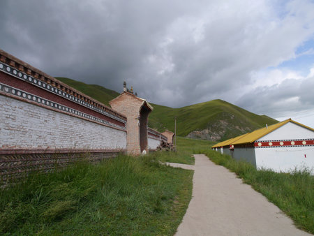 Buddhist monks stay in these dormitories while they study, meditate, and work the temple's land. Western China, 2013の写真素材