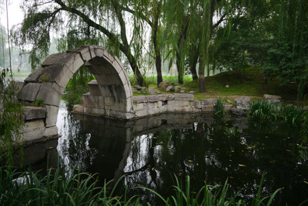 Reporduction of an ancient arch structure over tranquil waters.のeditorial素材
