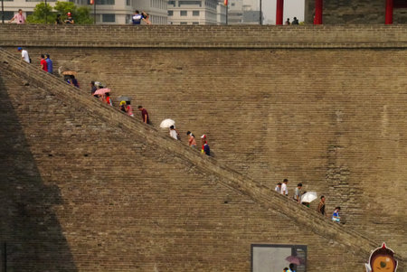 The climb up the city wall of Xi'an to the thousand year old city wall is not for the weak!のeditorial素材