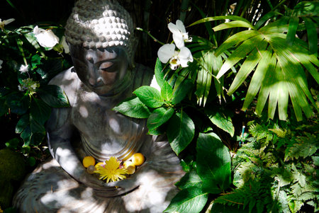 A sun-dappled Buddha sits quietly accepting offerings of yellow citrus and flowers.のeditorial素材
