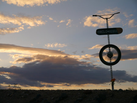 Curious Roadside Memorial for Uncle Howard, build from dirt bike parts and other found objects.のeditorial素材