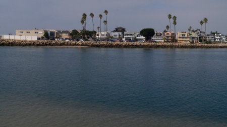 Oxnard Harbor Kids' Beach with rock embankment and palm trees. Coastal houses crowd against the...