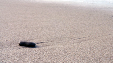 A stone, tumbled into a smooth shape by the Pacific Ocean, remains beached on the sand while the wave that delivered it recedes. Ventura, CAの写真素材