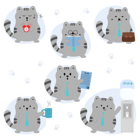 Office cat with cup, clock, briefcase, book. Cute business set.のイラスト素材