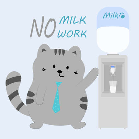 A funny gray cat in a blue tie stands at the water cooler. Office cat.のイラスト素材